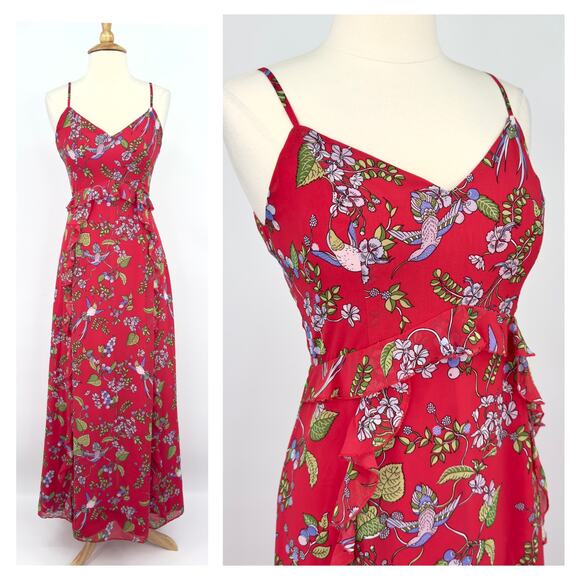 Nanette Lepore Sleeveless Maxi Dress Sz 6 Red Chiffon Floral Hummingbird Print - Picture 4 of 15